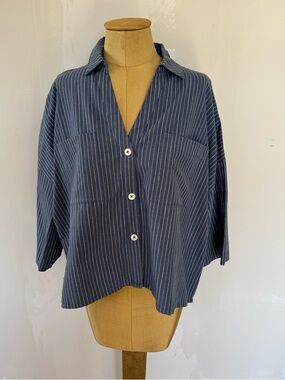 BiBi Striped Button-Front Shirt Jacket in Navy & White